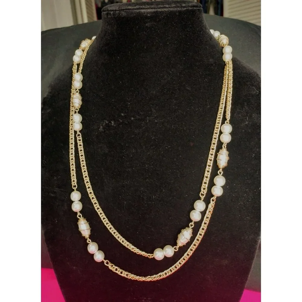 Sarah Coventry Vintage Gold Tone Chain Faux Pearl Pendant Long Necklace Jewelry - Picture 15 of 16